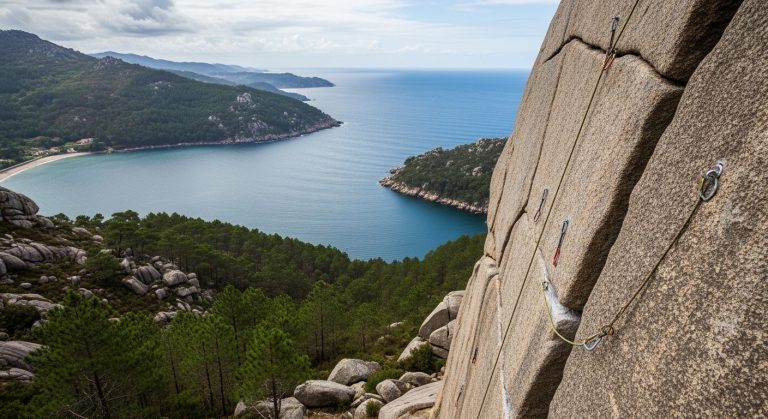 Escalada deportiva en las rocas de Monte Louro: vistas a la ría