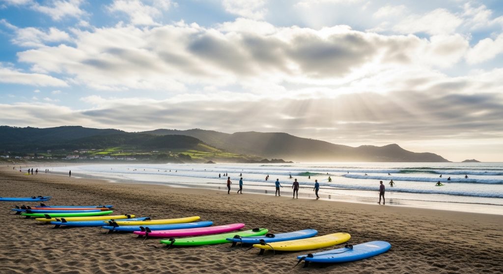 Aprende surf en la playa de Razo: clases y ambiente juvenil